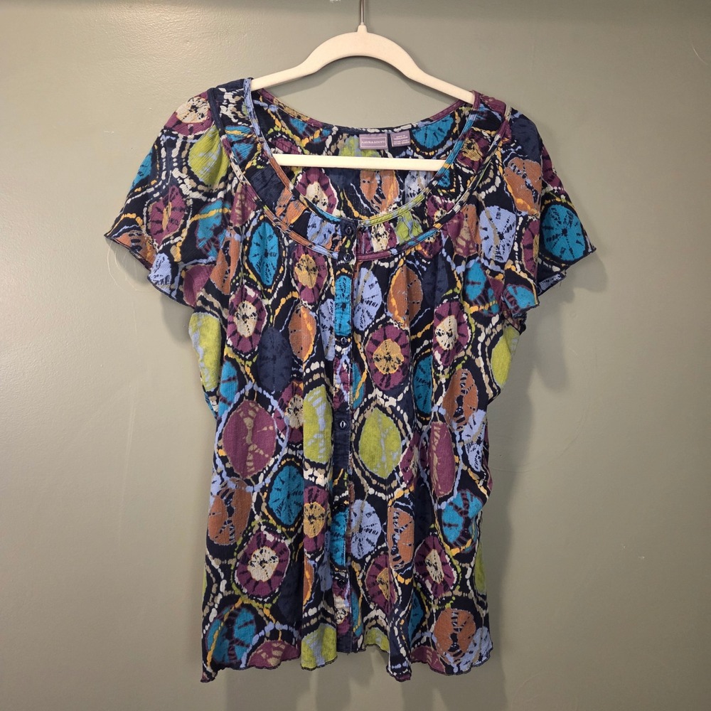 Laura Scott Women's Flutter Sleeve Button Up‎ Blouse Size XL 100% Cotton Boho